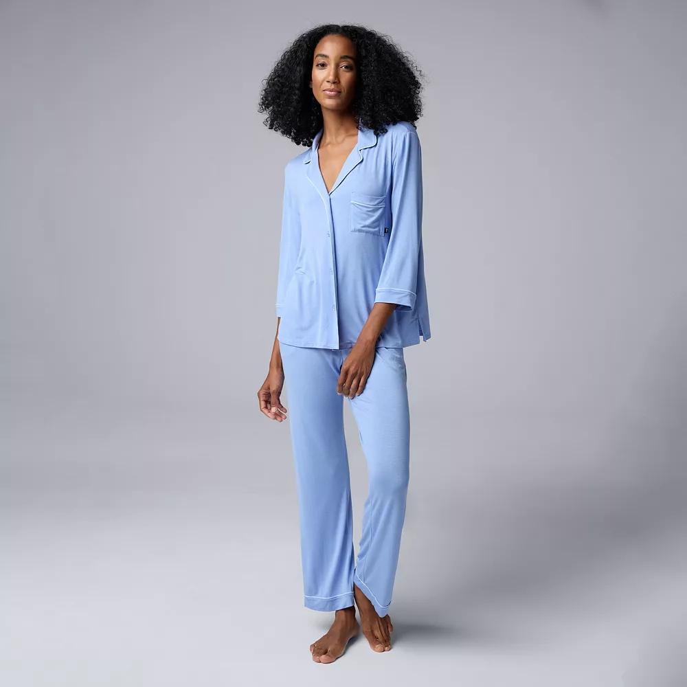 Women's Simply Vera Vera Wang Basic Luxury ¾ Sleeve Pajama Shirt & Pants Sleep Set,  Product Image