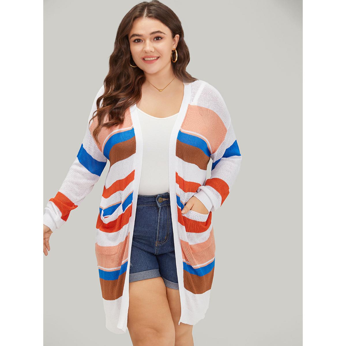Plus Size Colorblock Contrast Pocket Tunic Open Front Cardigan Multicolor Women Casual Loose Long Sleeve Dailywear Cardigans BloomChic 18-20/2X Product Image