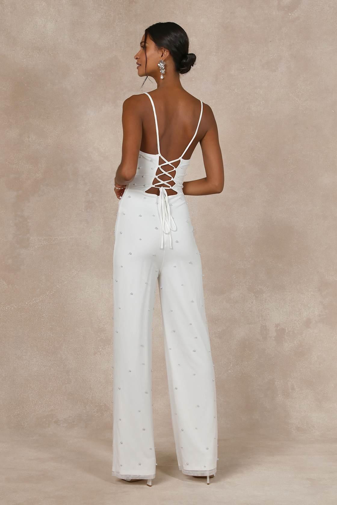 Unbelievably Divine White Mesh Pearl Lace-Up Jumpsuit Product Image