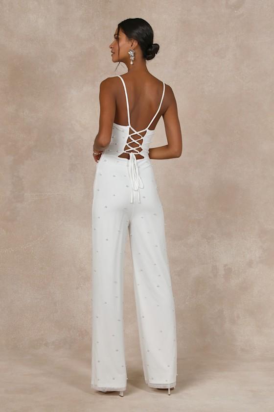 Unbelievably Divine White Mesh Pearl Lace-Up Jumpsuit Product Image