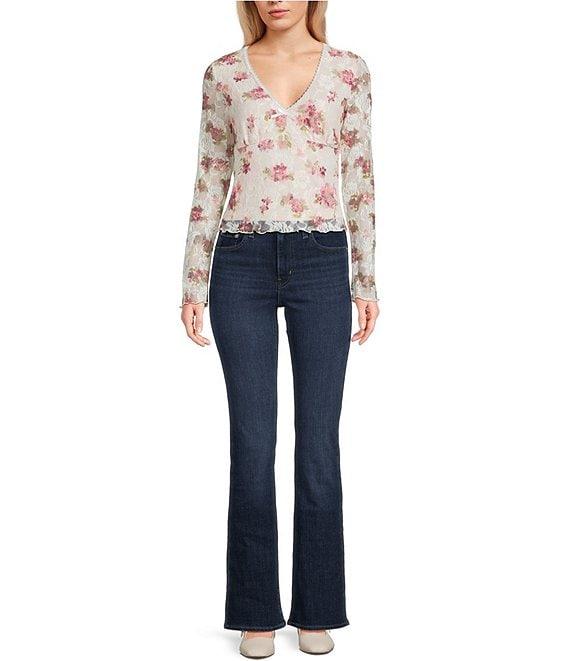 I.N. San Francisco Floral Print V-Neck Long Flare Sleeve Top Product Image