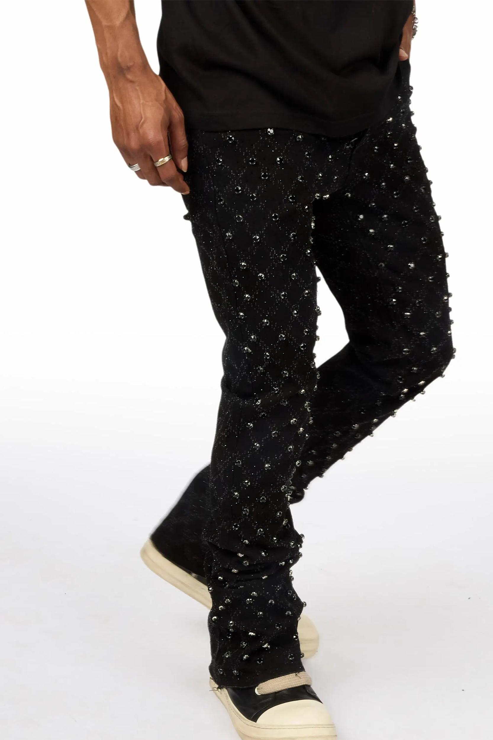 Glit Black Rhinestone Stacked Flare Jean Male Product Image