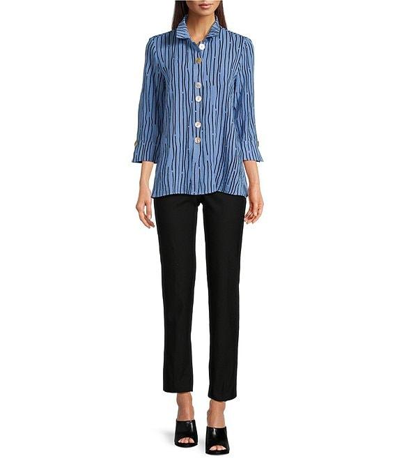 Ali Miles Crinkle Woven Abstract Stripe Wire Collar 3/4 Sleeve Button Front Tunic Product Image