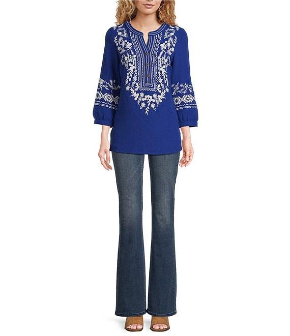 Calessa Petite Size Embroidered Floral Patchwork Split V-Neck 3/4 Sleeve Tunic Product Image