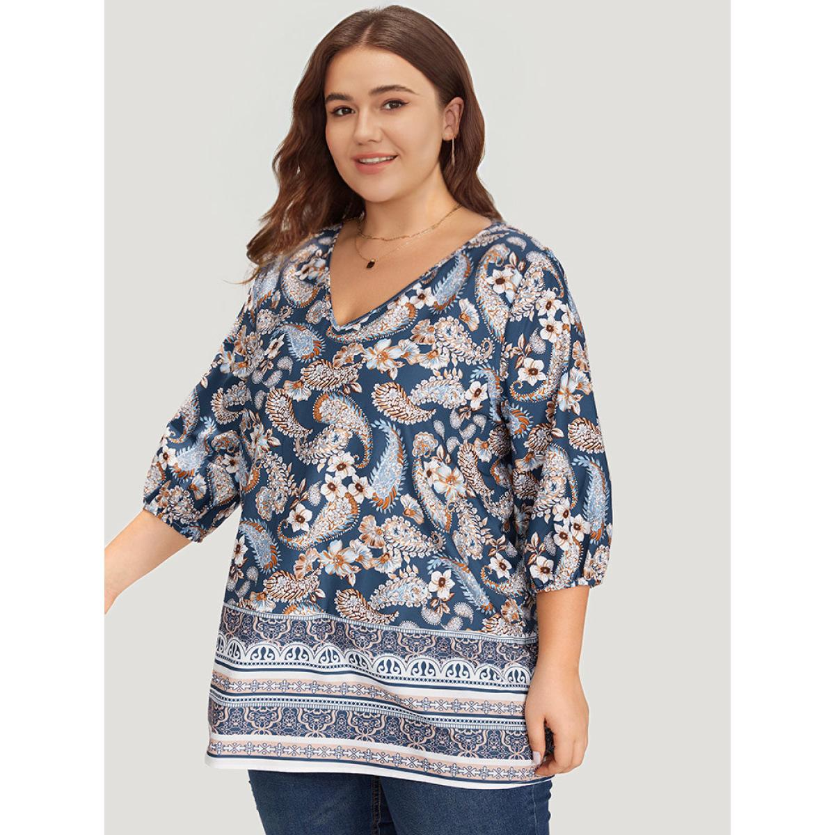 Plus Size Multicolor Paisley Print Patchwork V Neck Blouse Women Vacation Elbow-length sleeve V-neck Dailywear Blouses BloomChic 18-20/2X Product Image
