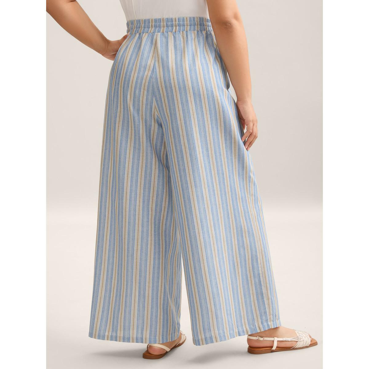 Plus Size Stripes Pockets Wide-Leg Pants Women LightBlue Resort Wide Leg Mid Rise Vacation Pants BloomChic 22-24/3X Product Image