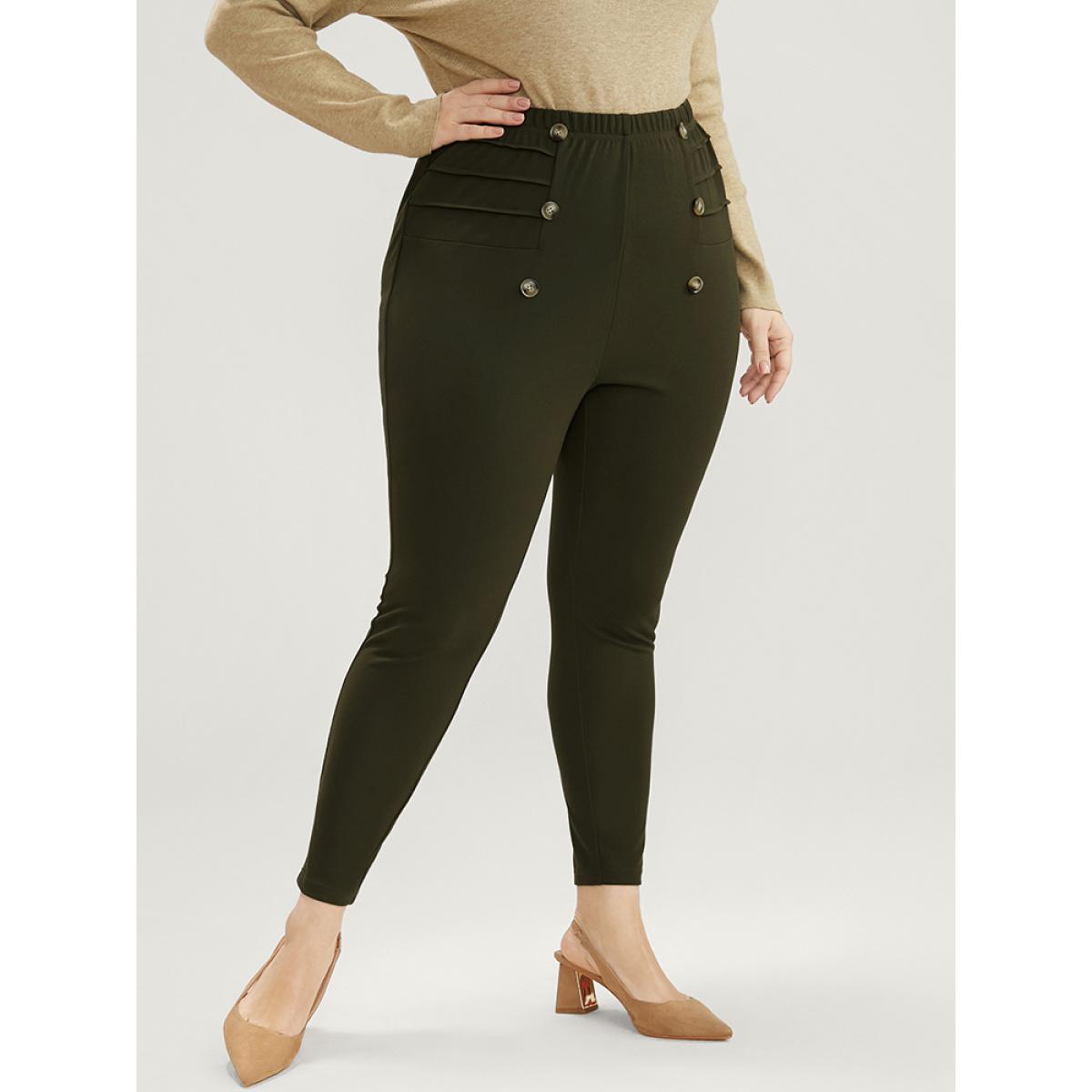 Plus Size Solid Elastic Waist Button Detail Skinny Leggings Women ArmyGreen Elegant Low stretch Skinny Mid Rise Dailywear Leggings BloomChic 14-16/1X Product Image