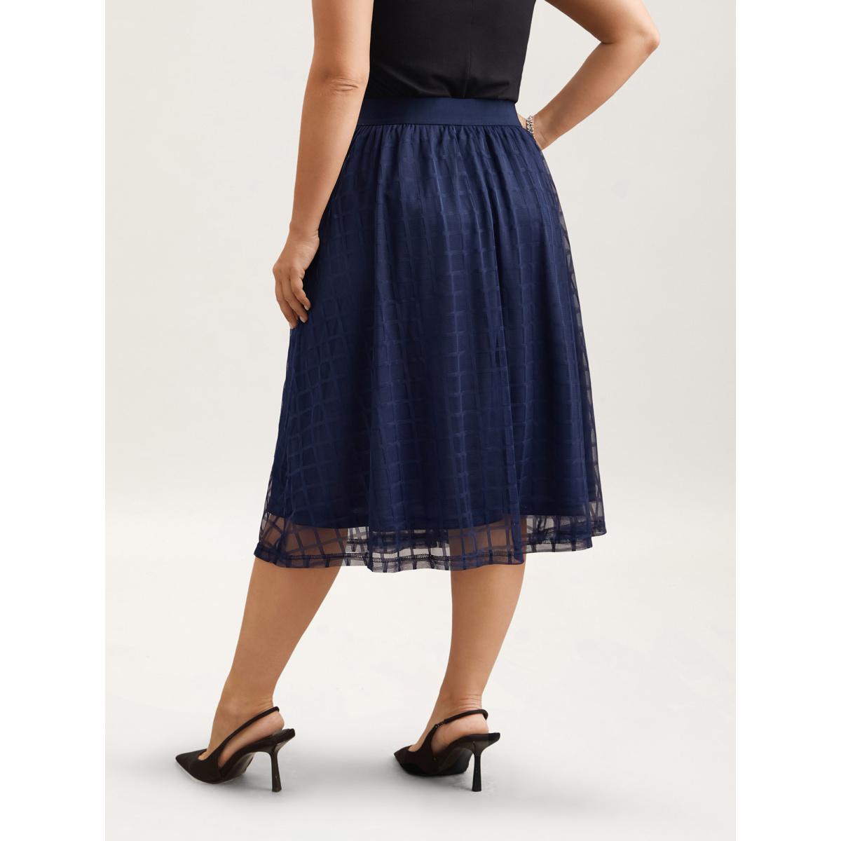 Plus Size Plaid Pattern Pleated Line Midi Skirt Women Indigo Elegant Tiered No stretch Everyday Skirts BloomChic 18-20/2X Product Image