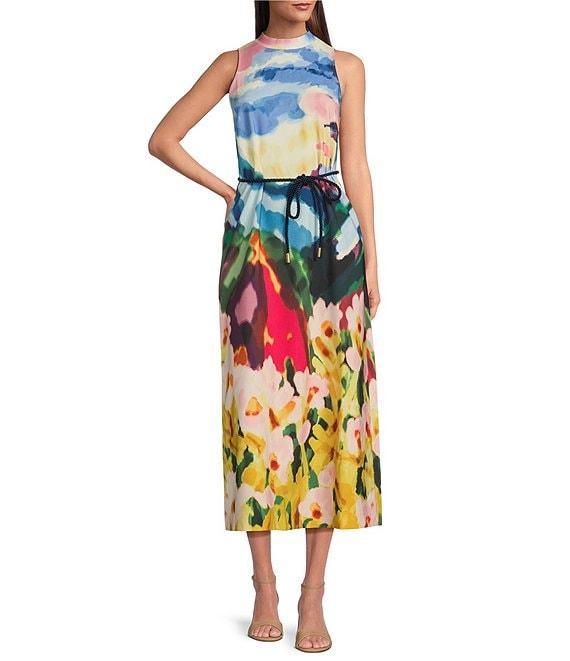 Anne Klein Scuba Floral Print Mock Neck Sleeveless Belted Fit and Flare Midi Dress Product Image