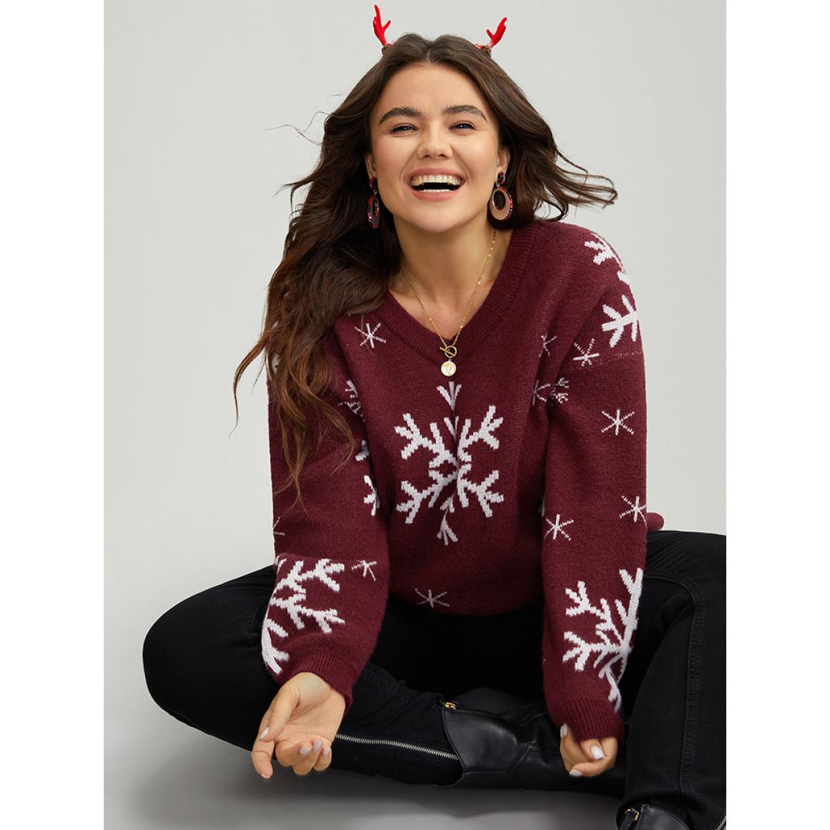Plus Size Anti-Pilling Snowflake Print Pullover Scarlet Women Playful Loose Long Sleeve V-neck Casual Pullovers BloomChic 28/5X Product Image