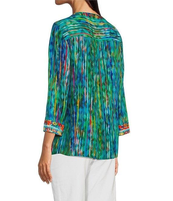 John Mark Petite Size Embroidered Printed Split V-Neck 3/4 Sleeve Hi-Low Hem Tunic Product Image