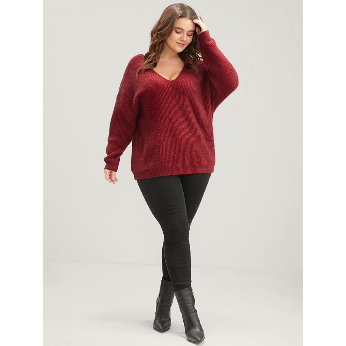 Plus Size Solid Soft Pointelle Knit Cut Out Fluffy Knit Top Burgundy Women Casual Loose Long Sleeve V-neck Dailywear Pullovers BloomChic 12/L Product Image