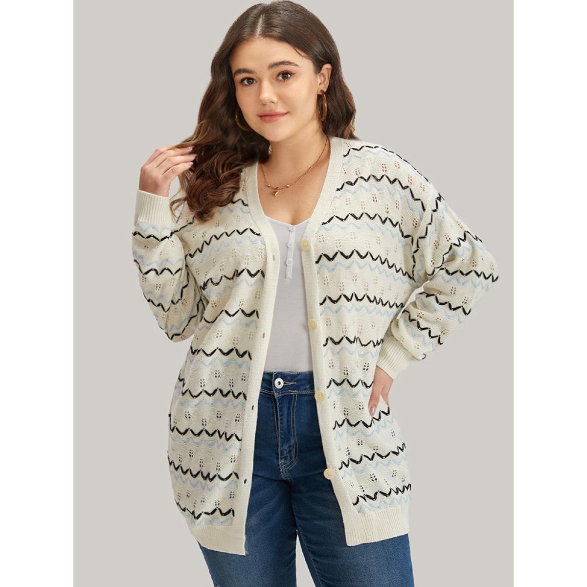 Plus Size UltraCool Wave Striped Eyelet Button Through Cardigan Beige Women Casual Loose Long Sleeve Everyday Cardigans BloomChic 26/4X Product Image