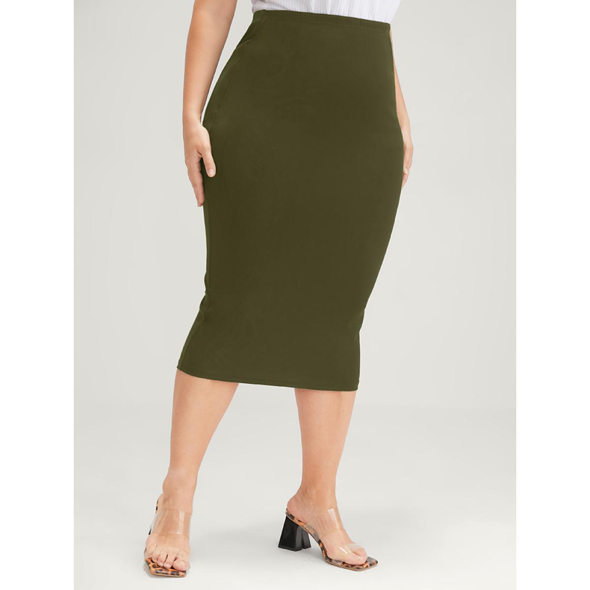 Plus Size Plain Modal High Waist Skirt Women ArmyGreen Office Plain Bodycon High stretch Office Skirts BloomChic 18-20/2X Product Image