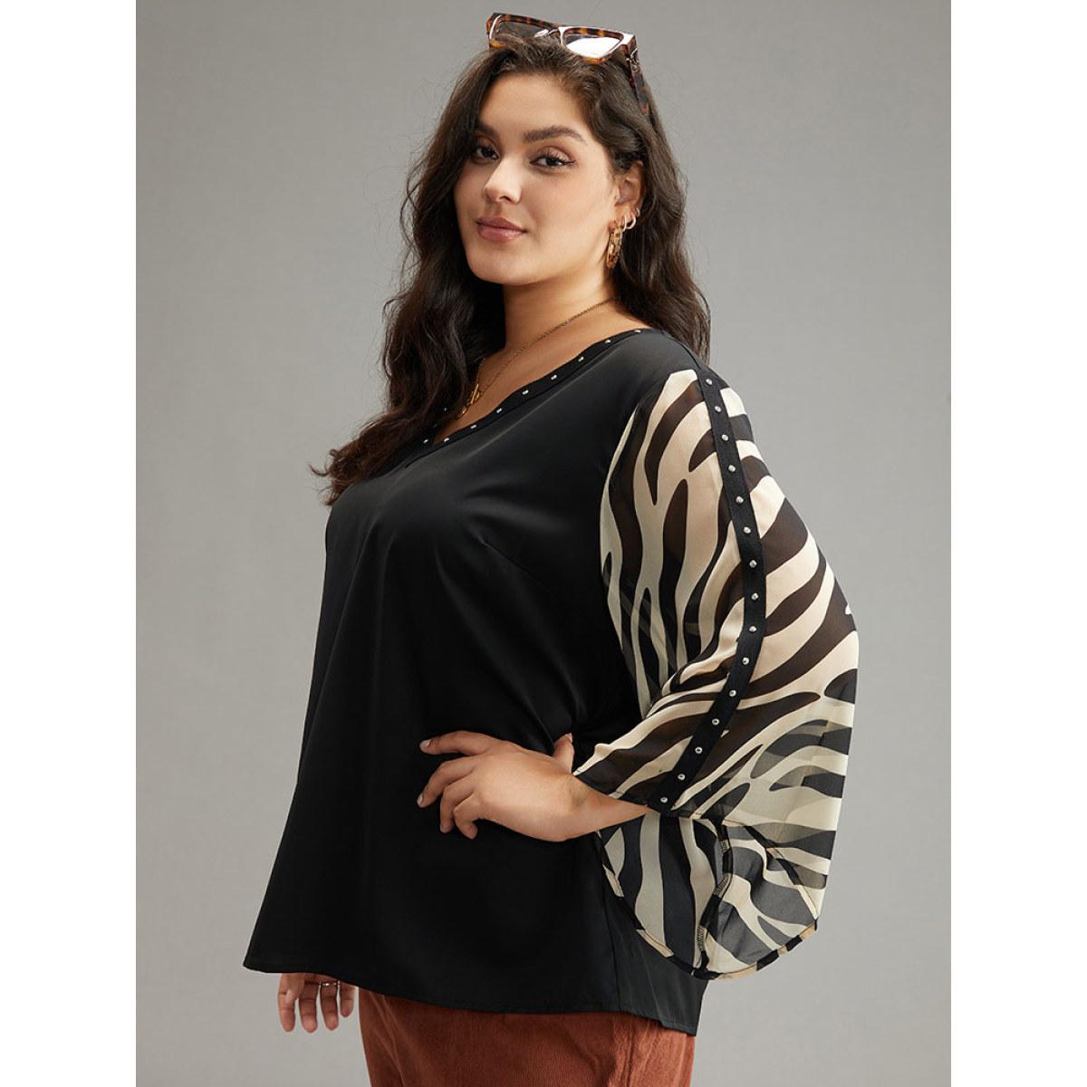 Plus Size Black Zebra Print Chiffon Patchwork Pearl Beaded Blouse Women Elegant Elbow-length sleeve V-neck Dailywear Blouses BloomChic 12/L Product Image