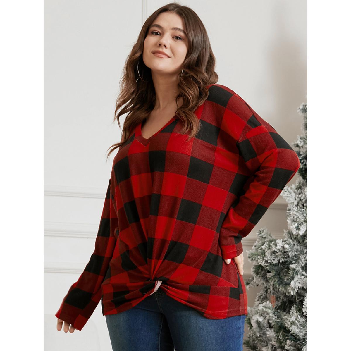 Plus Size Plaid Twist Front Long Tee Raspberry Women Elegant Twist-front Plaid V-neck Dailywear T-shirts BloomChic 26/4X Product Image