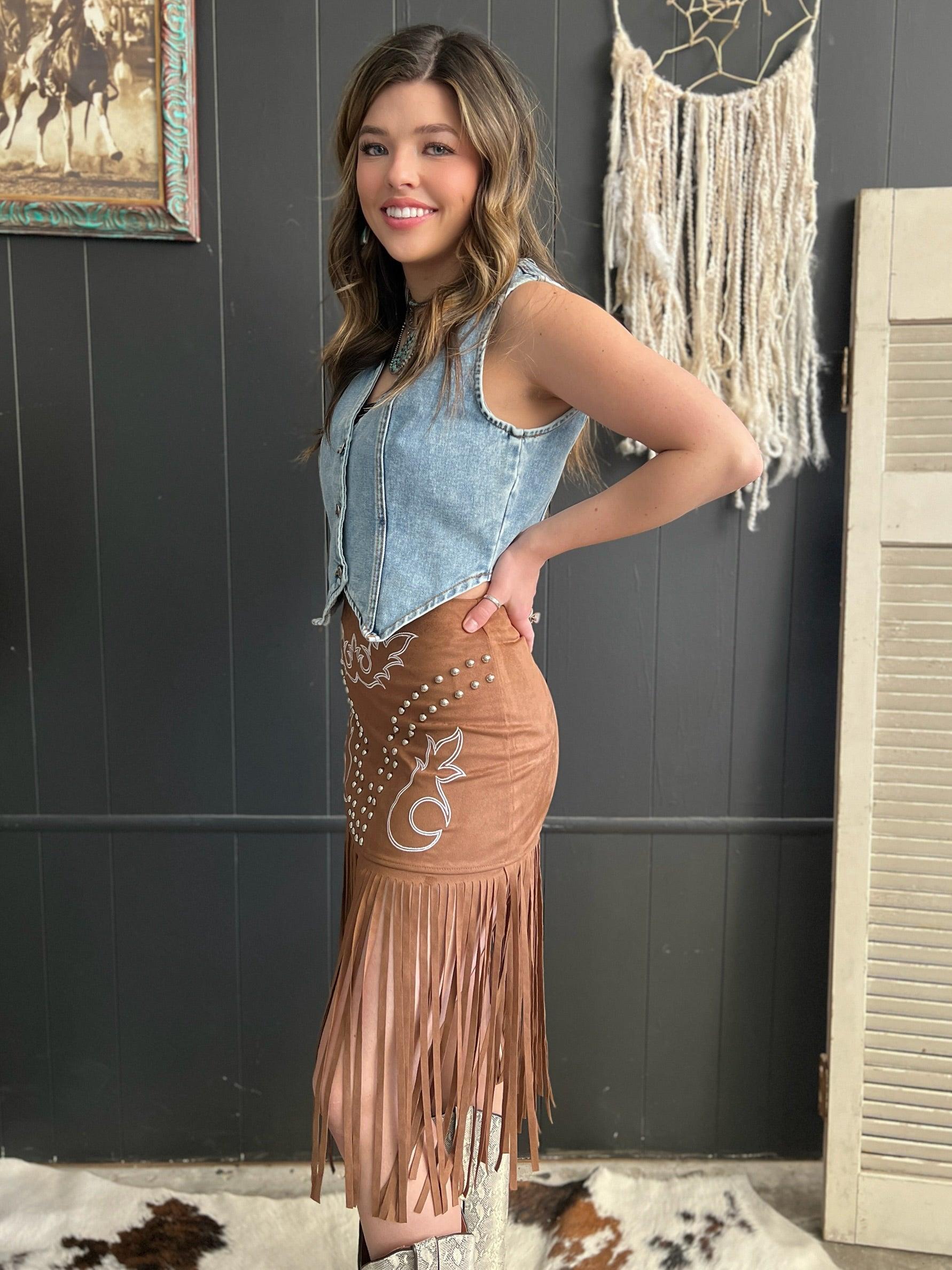 L&B Brown Western Boot Stitch Embroidered Studded Suede Fringe Skirt Product Image