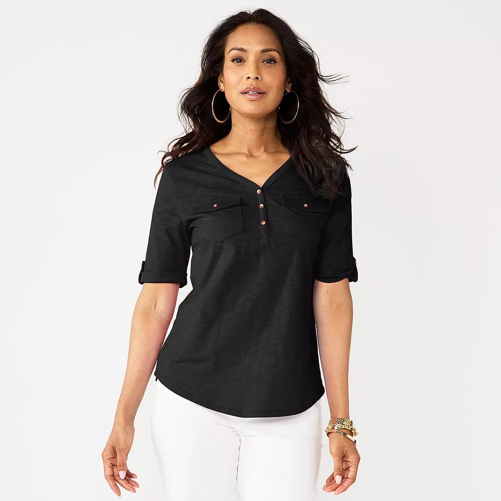 Women's Croft & Barrow® Elbow Sleeve Utility Henley Top, Size: Medium, Mineral Black Product Image