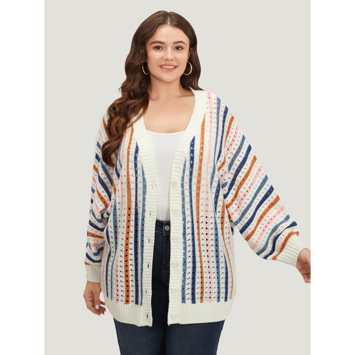 Plus Size Rainbow Striped Button Through Eyelet Cardigan Multicolor Women Casual Loose Long Sleeve Dailywear Cardigans BloomChic 26/4X Product Image