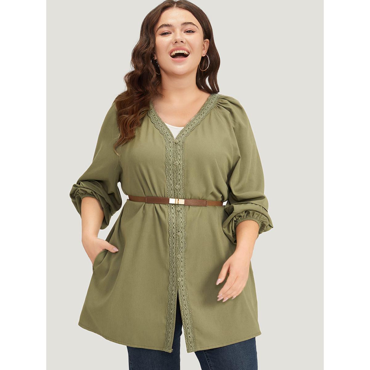 Plus Size Plain Contrast Lace Lantern Sleeve Button Fly Coat Women Sage Casual Elastic cuffs Ladies Dailywear Winter Coats BloomChic 18-20/2X Product Image