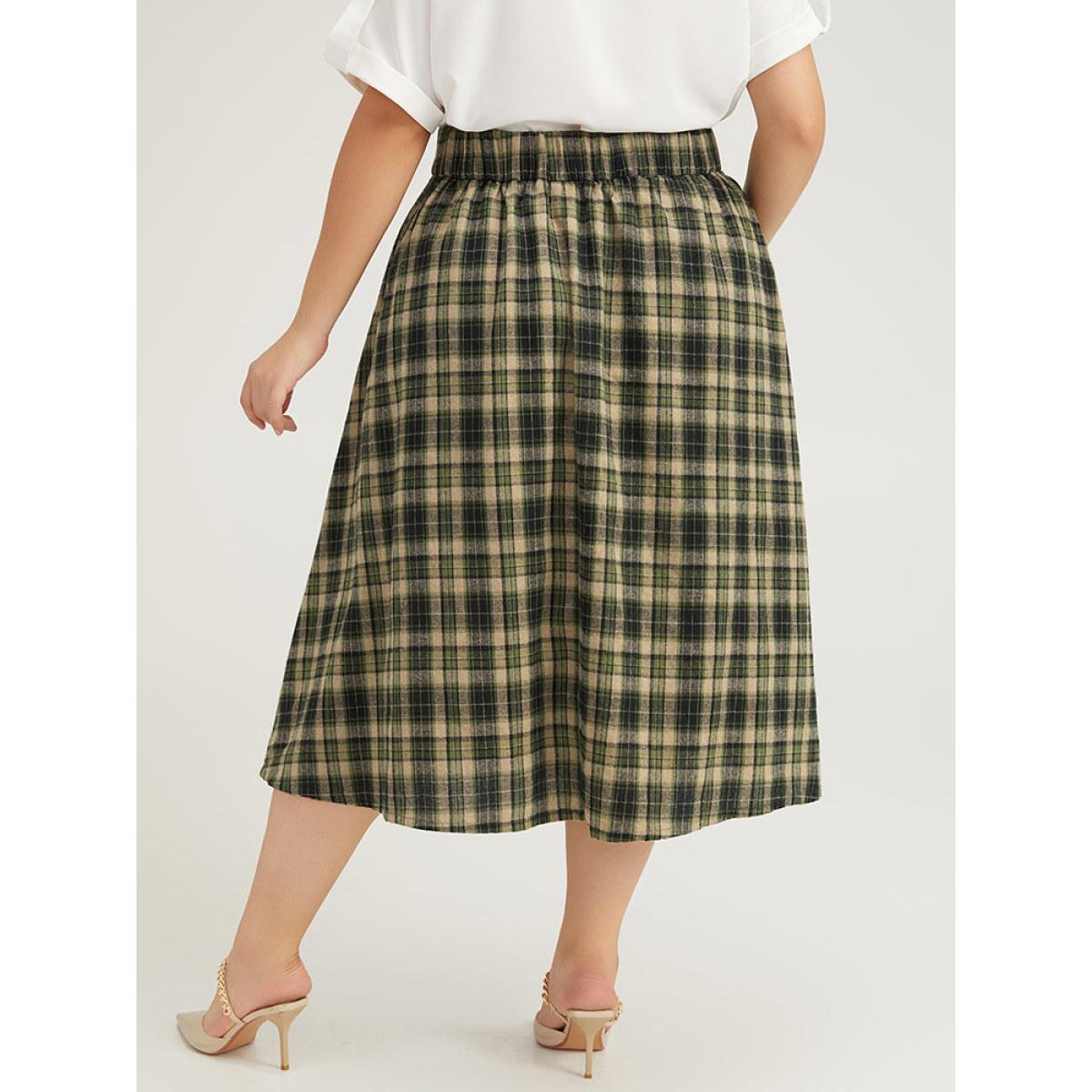 Plus Size Plaid Patched Pocket Button Up Skirt Women Multicolor Office Elastic Waist No stretch Pocket Work Skirts BloomChic 26/4X Product Image