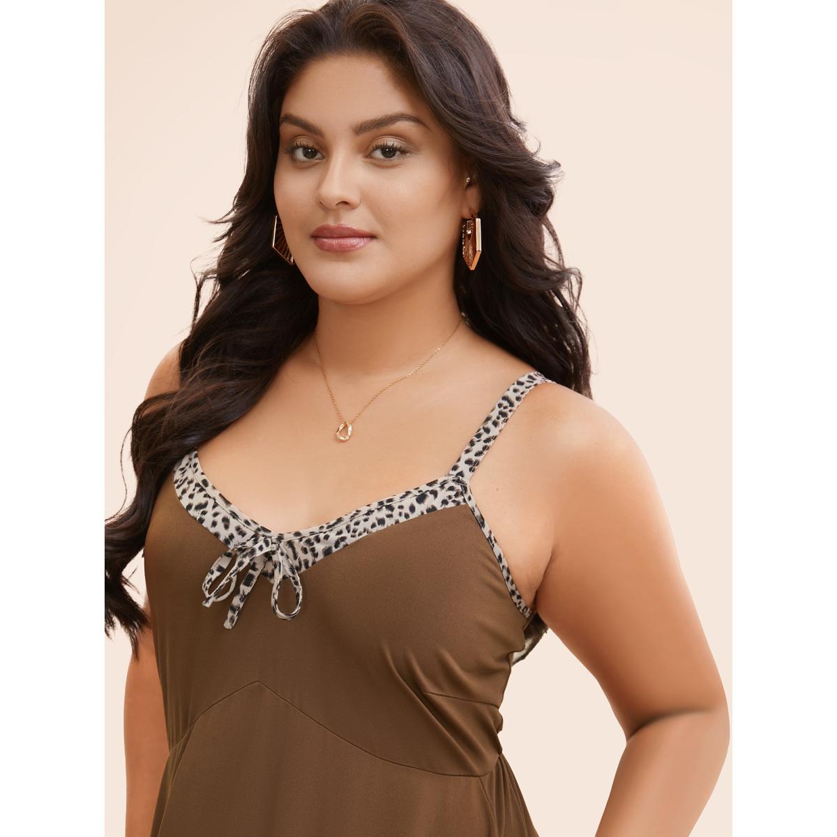 Plus Size Leopard Print Patchwork Ties Cami Dress Browncoffeecolor Women Elegant Tie knot V-neck Sleeveless Curvy BloomChic 14-16/1X Product Image
