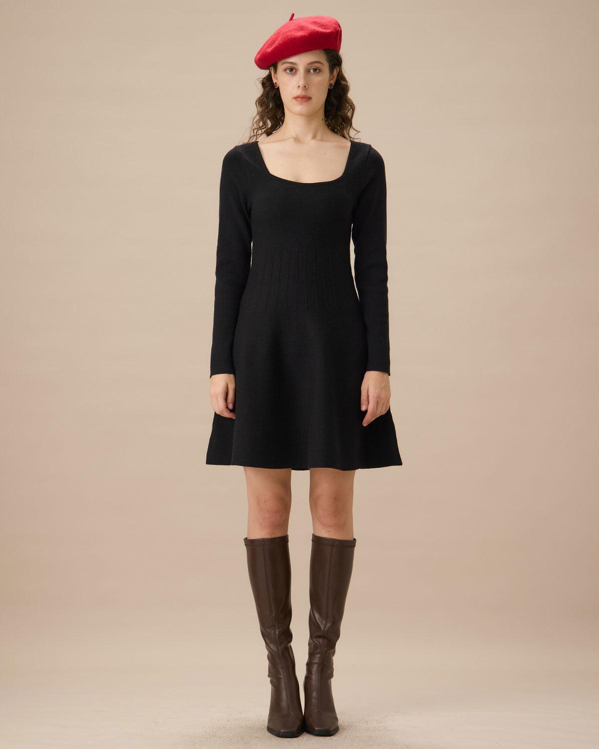 Black Square Neck Ribbed Sweater Dress Product Image