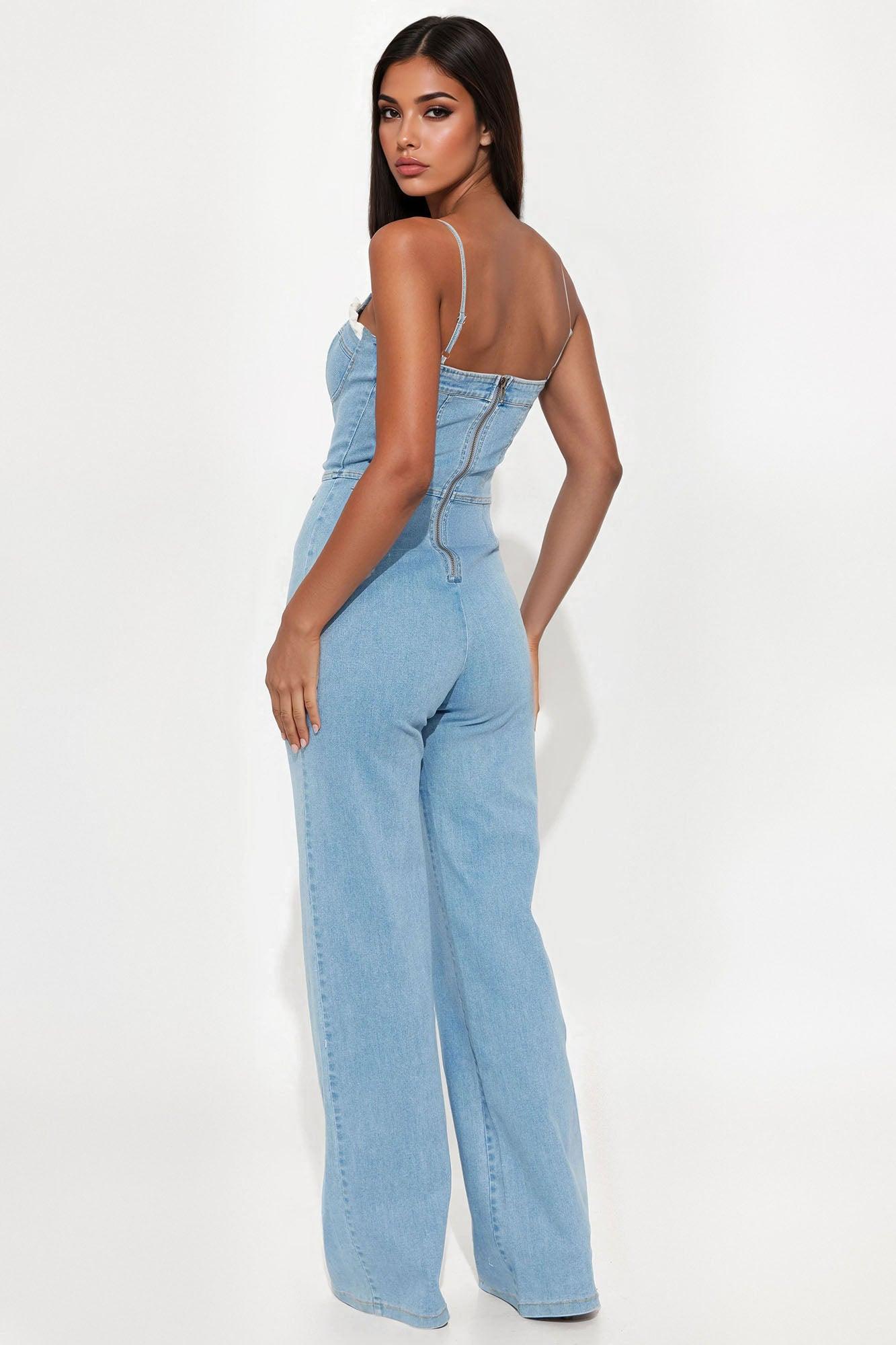 Sweet Side Washed Denim Jumpsuit - Light Wash Female Product Image
