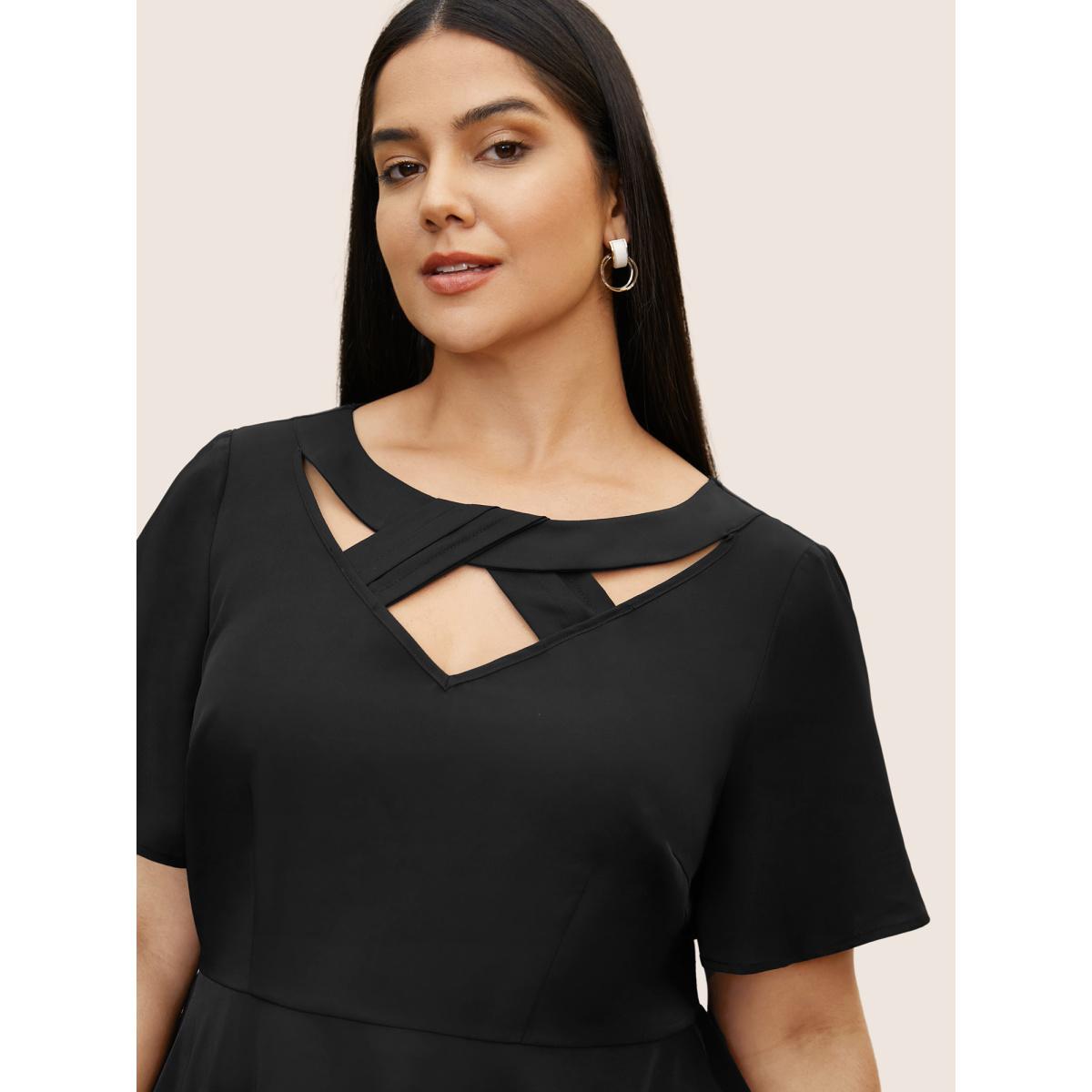 Plus Size Black Plain Cut Out Gathered Flutter Sleeve Blouse Women Work From Home Short sleeve Round Neck Work Blouses BloomChic 18-20/2X Product Image