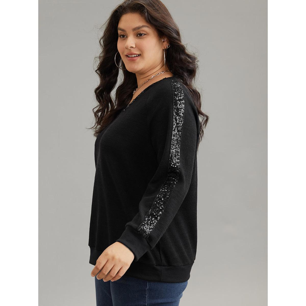 Plus Size Sequin Patchwork Raglan Sleeve Plisse Sweatshirt Women Black Casual Rib Knit V-neck Dailywear Sweatshirts BloomChic 28/5X Product Image