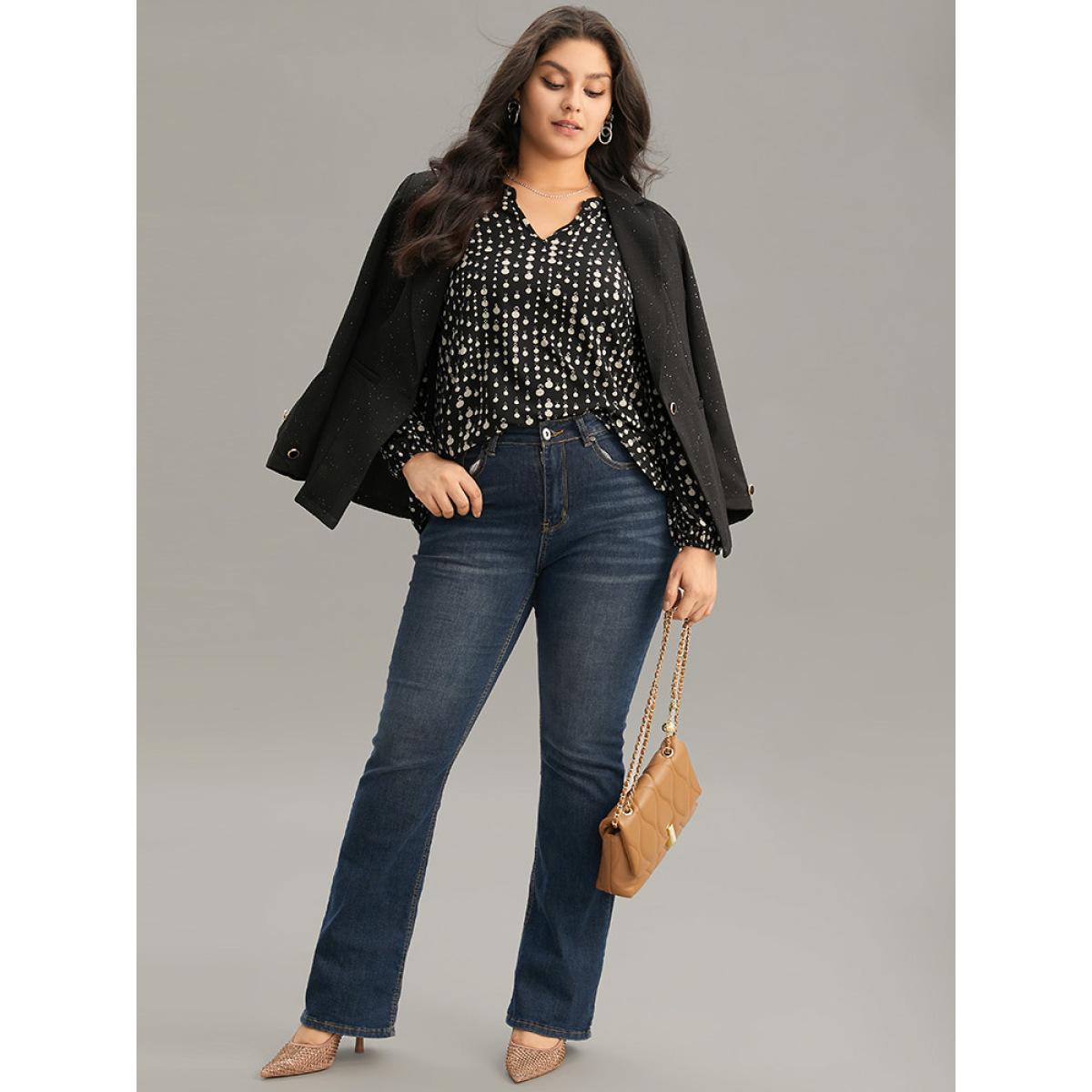 Plus Size Black Chain Print Notched Lantern Sleeve Blouse Women Office Long Sleeve Notched collar Vacation Blouses BloomChic 28/5X Product Image