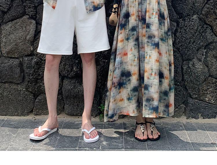 Couple Matching Short-Sleeve Collared Tie-Dye Button Up Shirt / Spaghetti Strap V-Neck Tie-Dye Maxi A-Line Dress / Plain Shorts Product Image