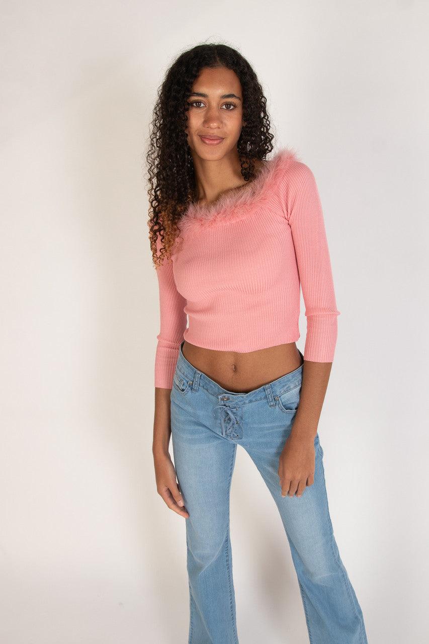 Off The Shoulder Feather Trim Sweater Product Image
