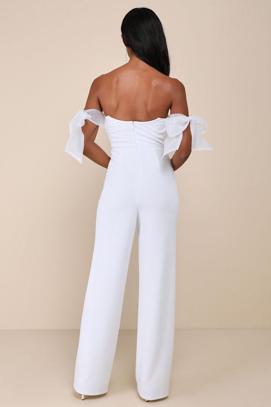 Pristine Aura White Tie-Strap Off-the-Shoulder Jumpsuit Product Image
