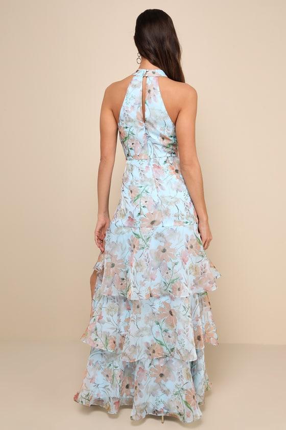 Forever Exceptional Light Blue Floral Halter Organza Maxi Dress Product Image
