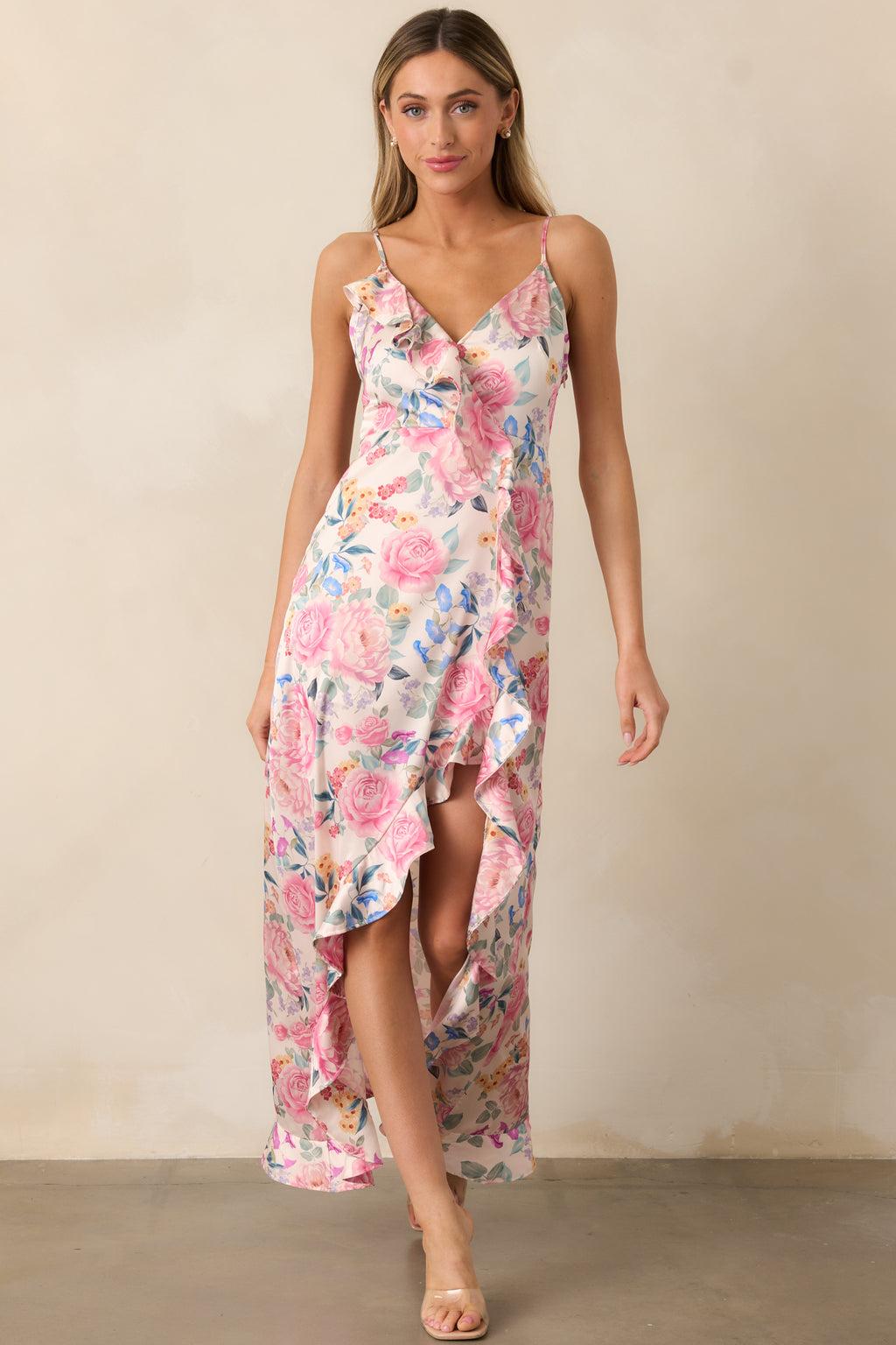 A Springtime Waltz Pink Multi Floral Ruffle Maxi Dress Product Image