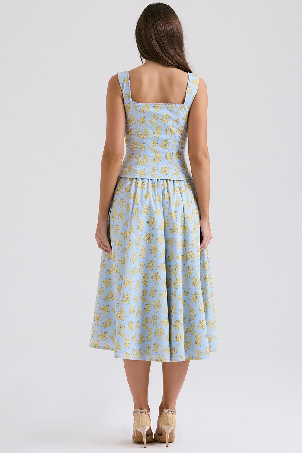Cora  soft blue vintage floral print cotton midi skirt - sale Product Image