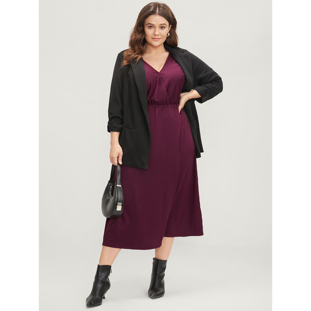 Plus Size Solid Dolman Sleeve Pocket Rib Knit Wrap Dress Burgundy Women Elegant Wrap V-neck Long Sleeve Curvy Midi Dress BloomChic 14-16/1X Product Image