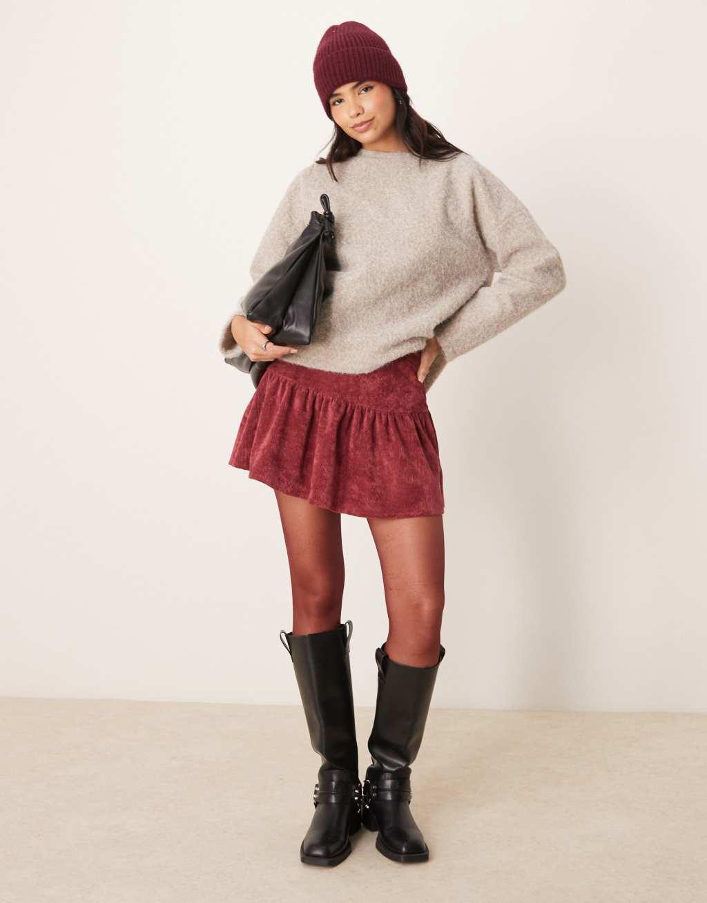 ASOS DESIGN flippy cord mini skirt in burgundy Product Image