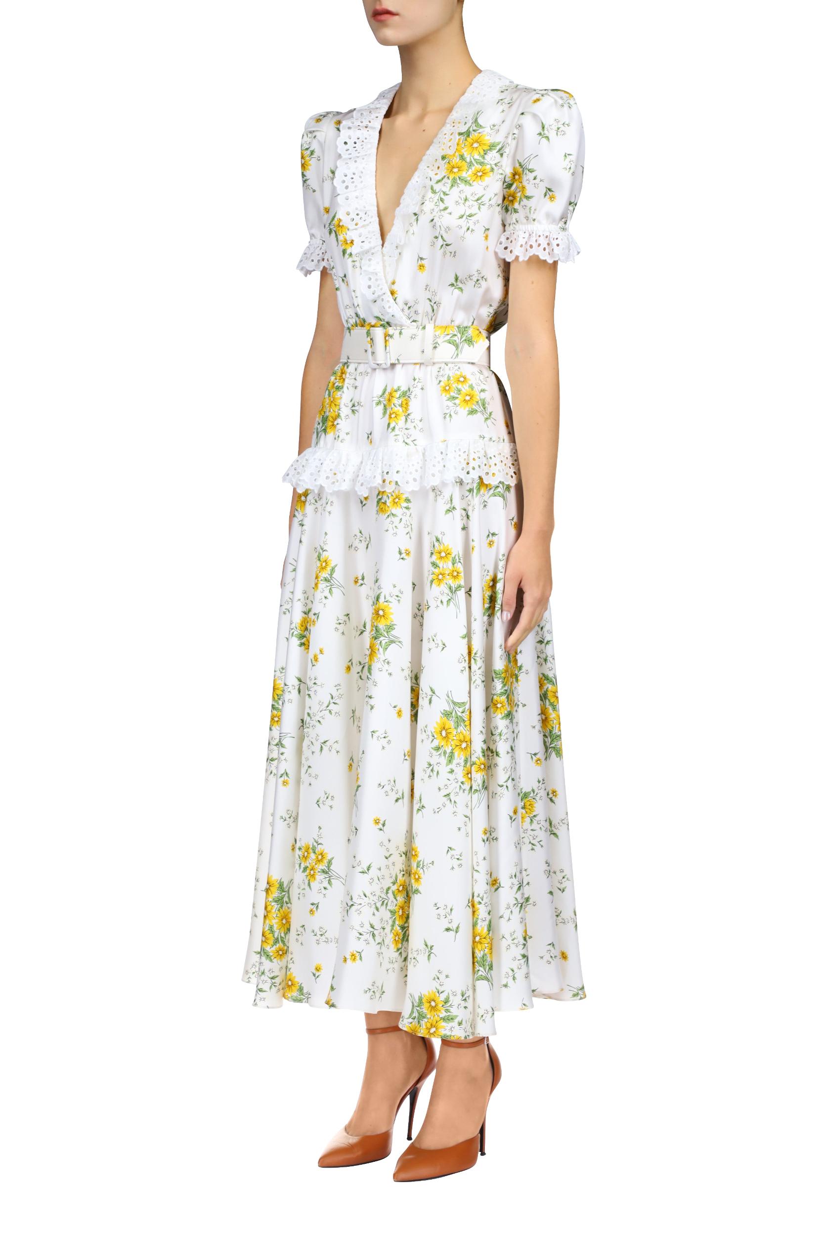 White And Yellow Daisy Silk Twill Dress With Eyelet Ruffle Detail And Belt Product Image