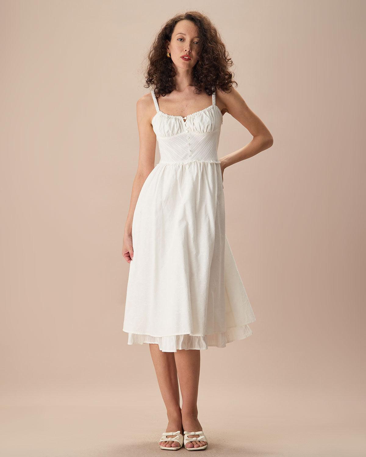 The White Ruched Slip Cotton Midi Dress Product Image