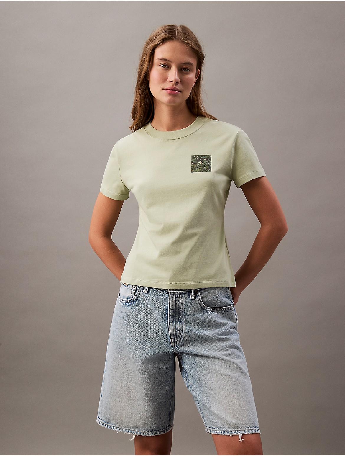 Calvin Klein Womens Floral Monogram Logo Graphic Slim T-Shirt - Green Product Image