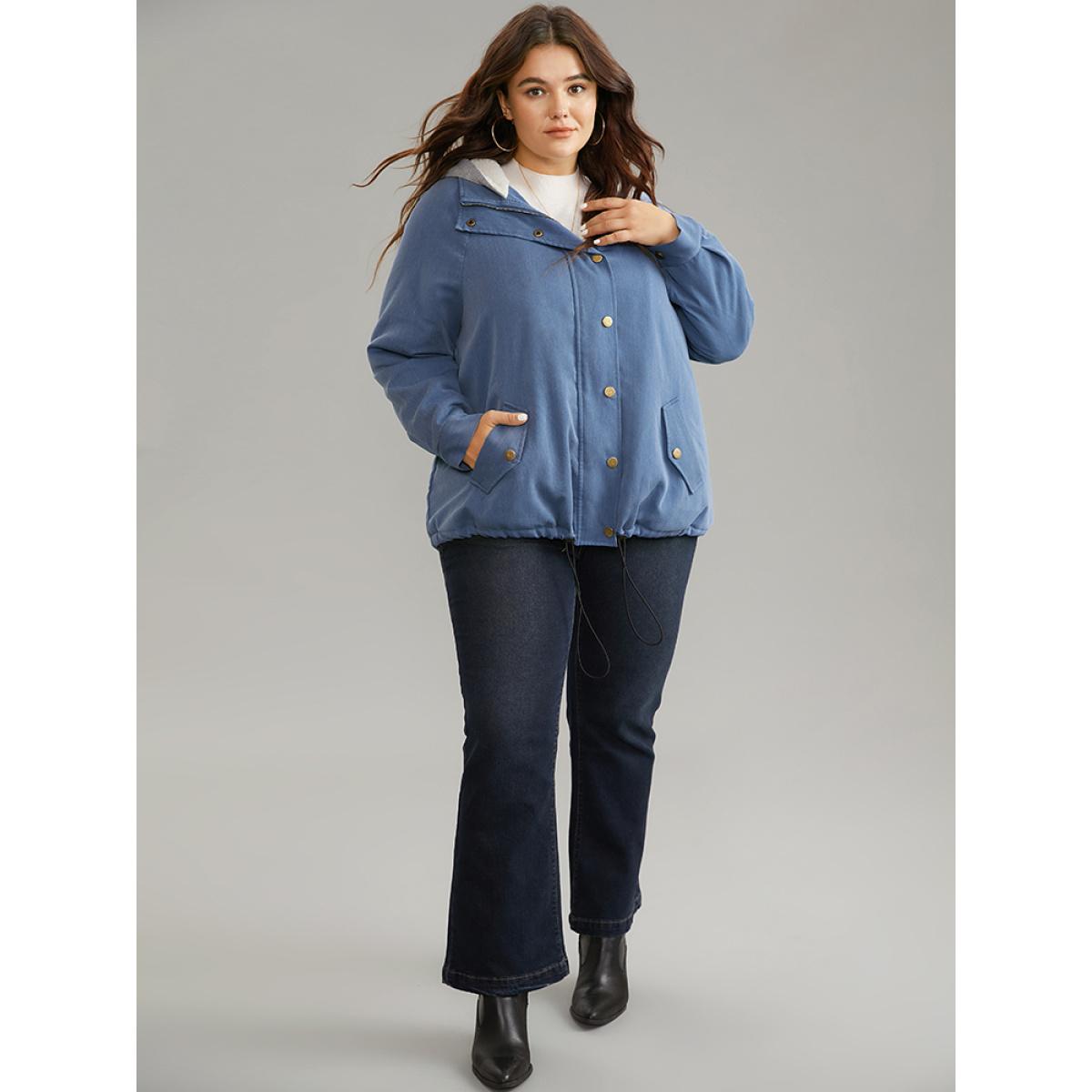 Plus Size Denim Hooded Drawstring Fuzzy Patchwork Jacket Women Blue Lined Pocket Dailywear Jackets BloomChic 10/M Product Image