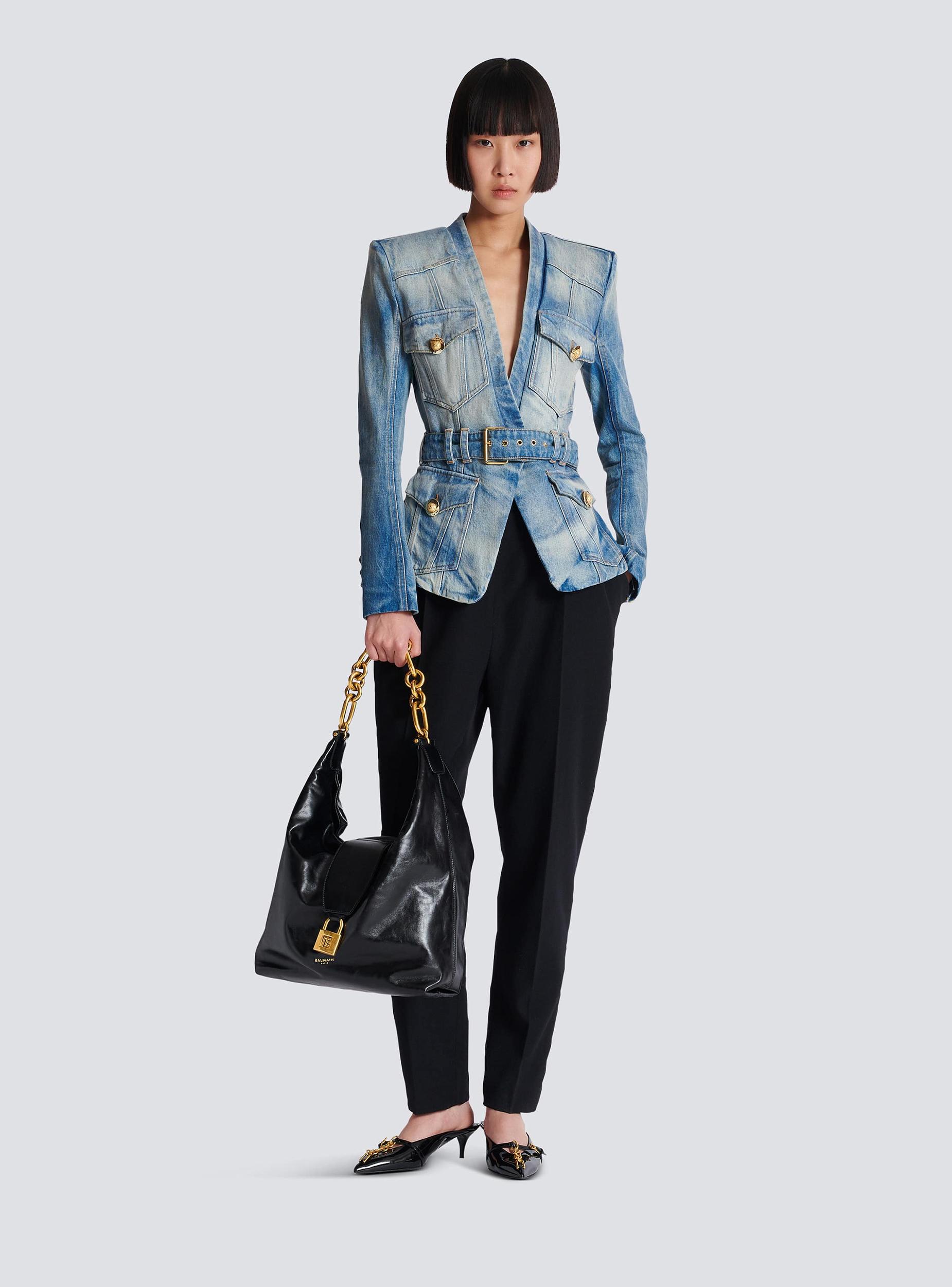 1-button belted denim jacket Product Image