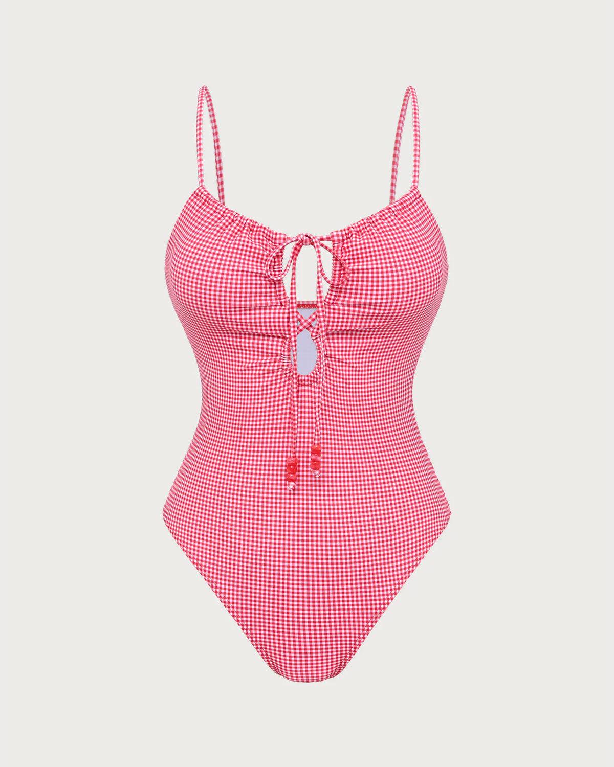 Red Plaid Bralette One-Piece Swimsuit Product Image
