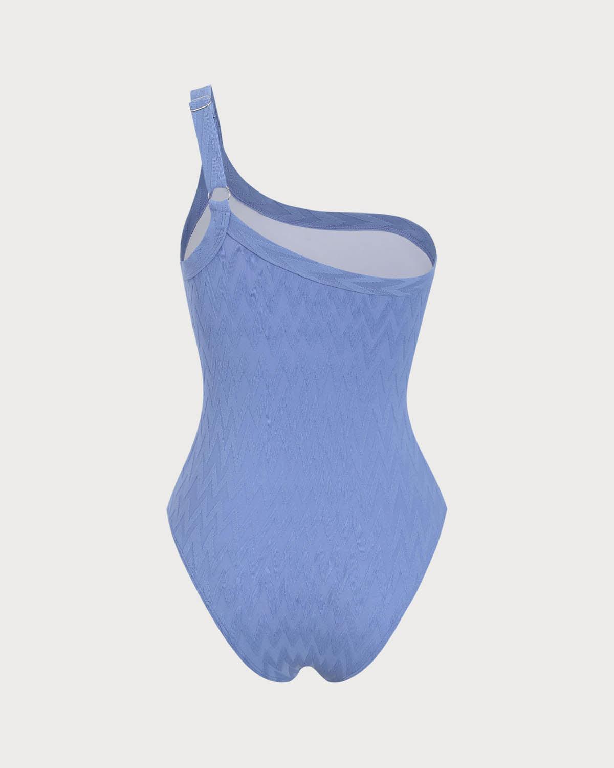 Blue Textured One-Shoulder One-Piece Swimsuit Product Image