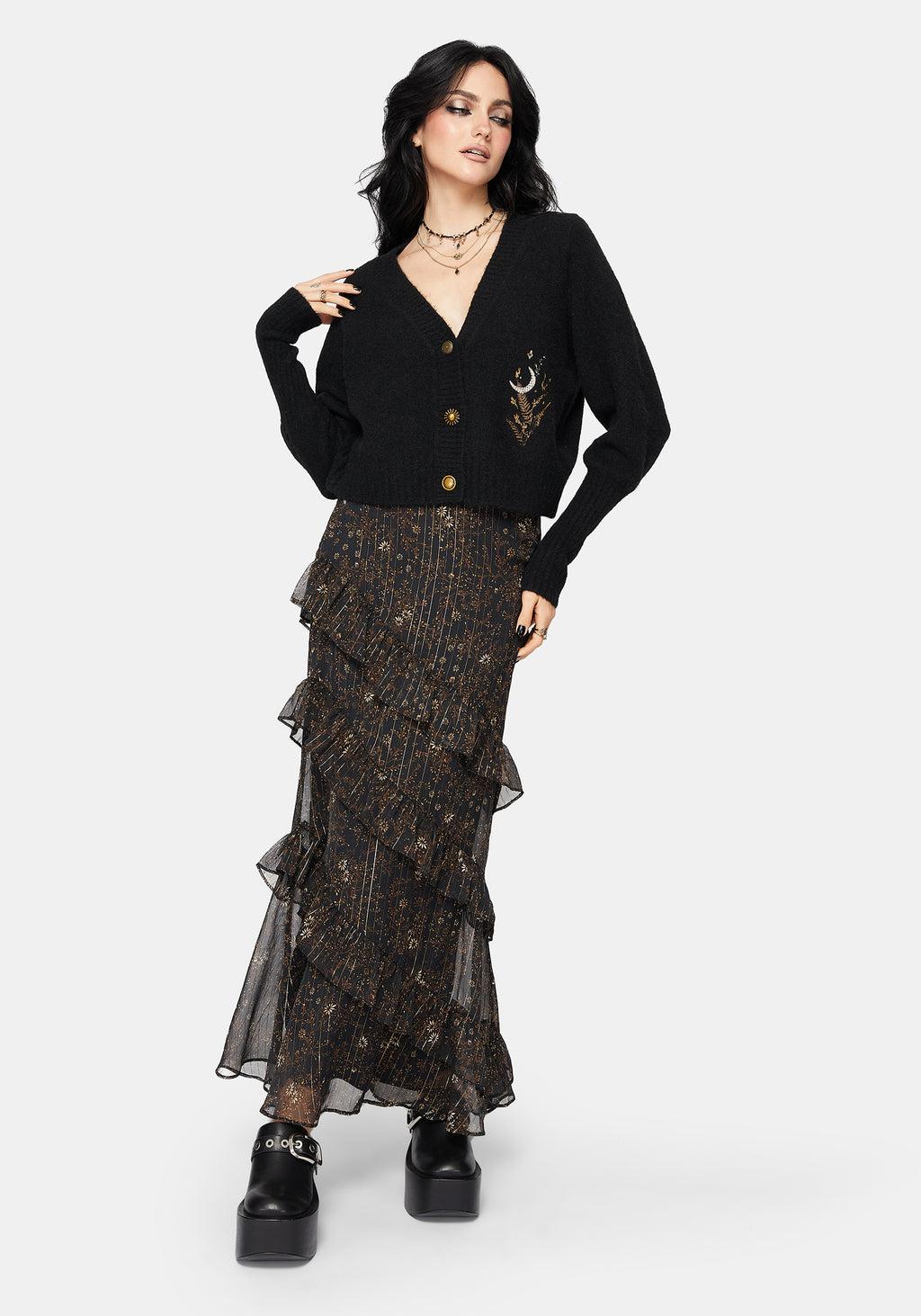 Abellona Floral Moon Embroidered Balloon Sleeve Knit Cardigan Product Image