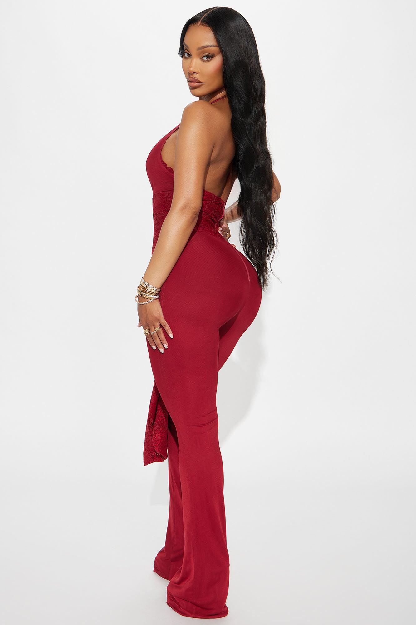 Melrose Mesh Halter Corset Jumpsuit - Burgundy Female Product Image