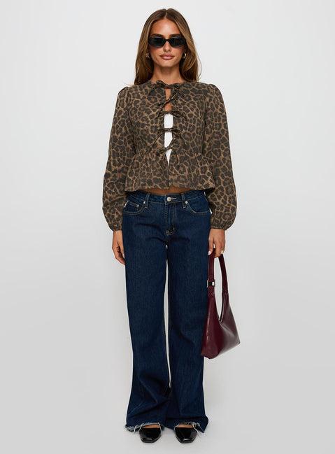 Recognize Tie Detail Long Sleeve Top Leopard Product Image