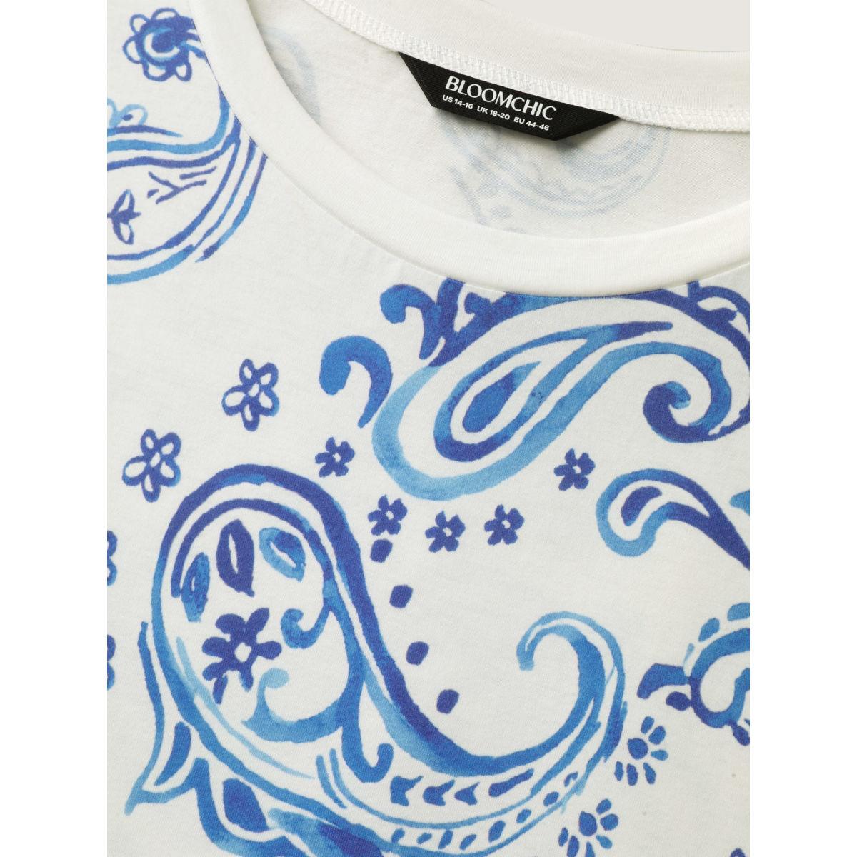 Plus Size Paisley Print Solid T-Shirt Originalwhite Women Round Neck Everyday-Casual T-shirts BloomChic 26/4X Product Image